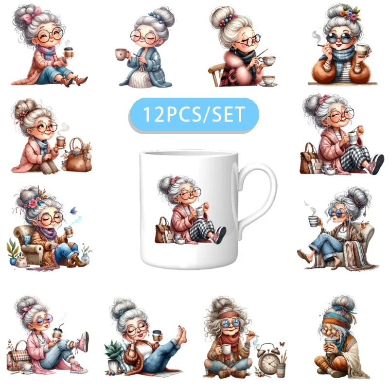 12 Stück/Set „Die alte Dame trinkt Kaffee“ DIY Skinny Tumbler Wrap, dekoratives Transferpapier, UV DTF, selbstklebende Wraps