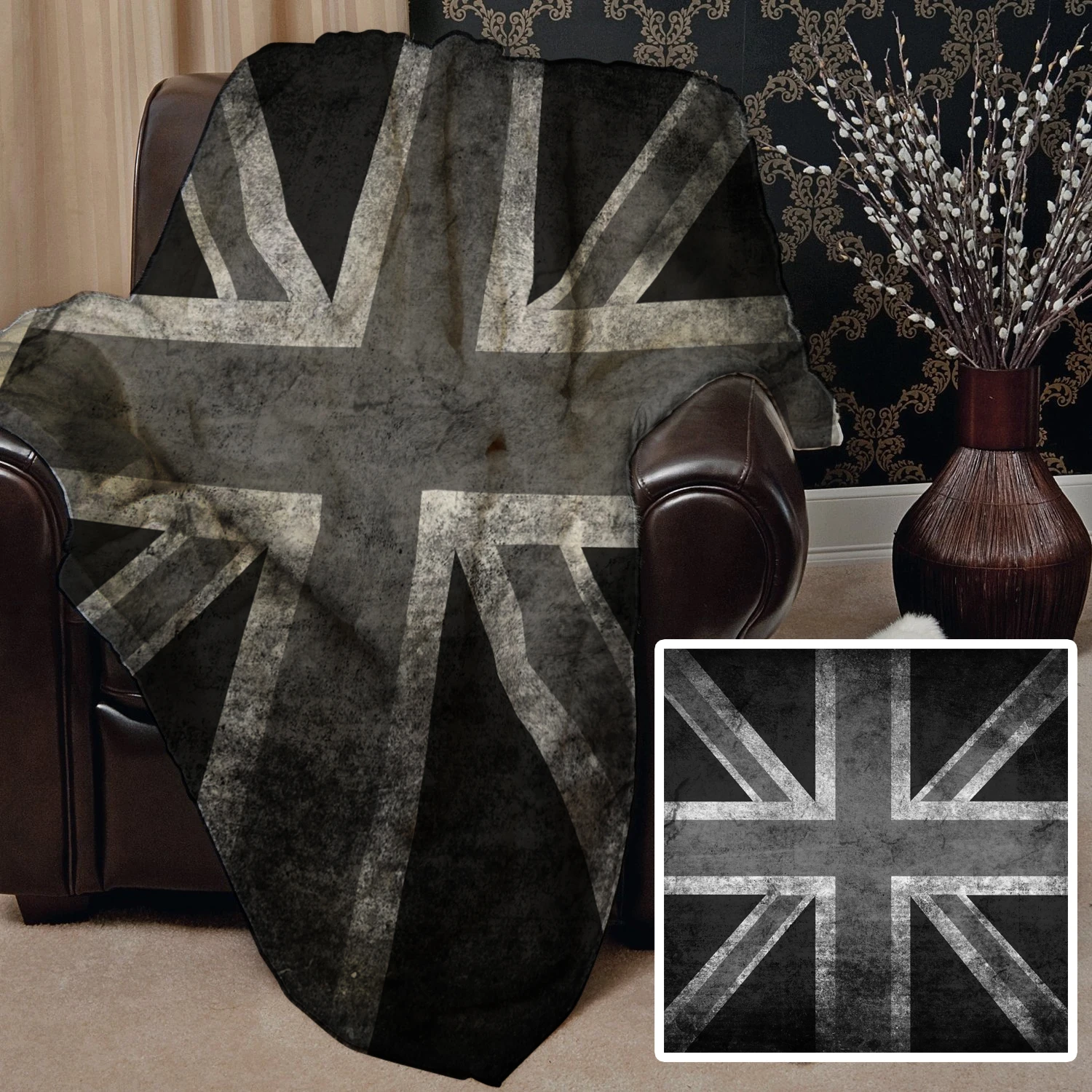 Customize Grunge Black & White Union Jack Design Soft Fleece Throw Blanket