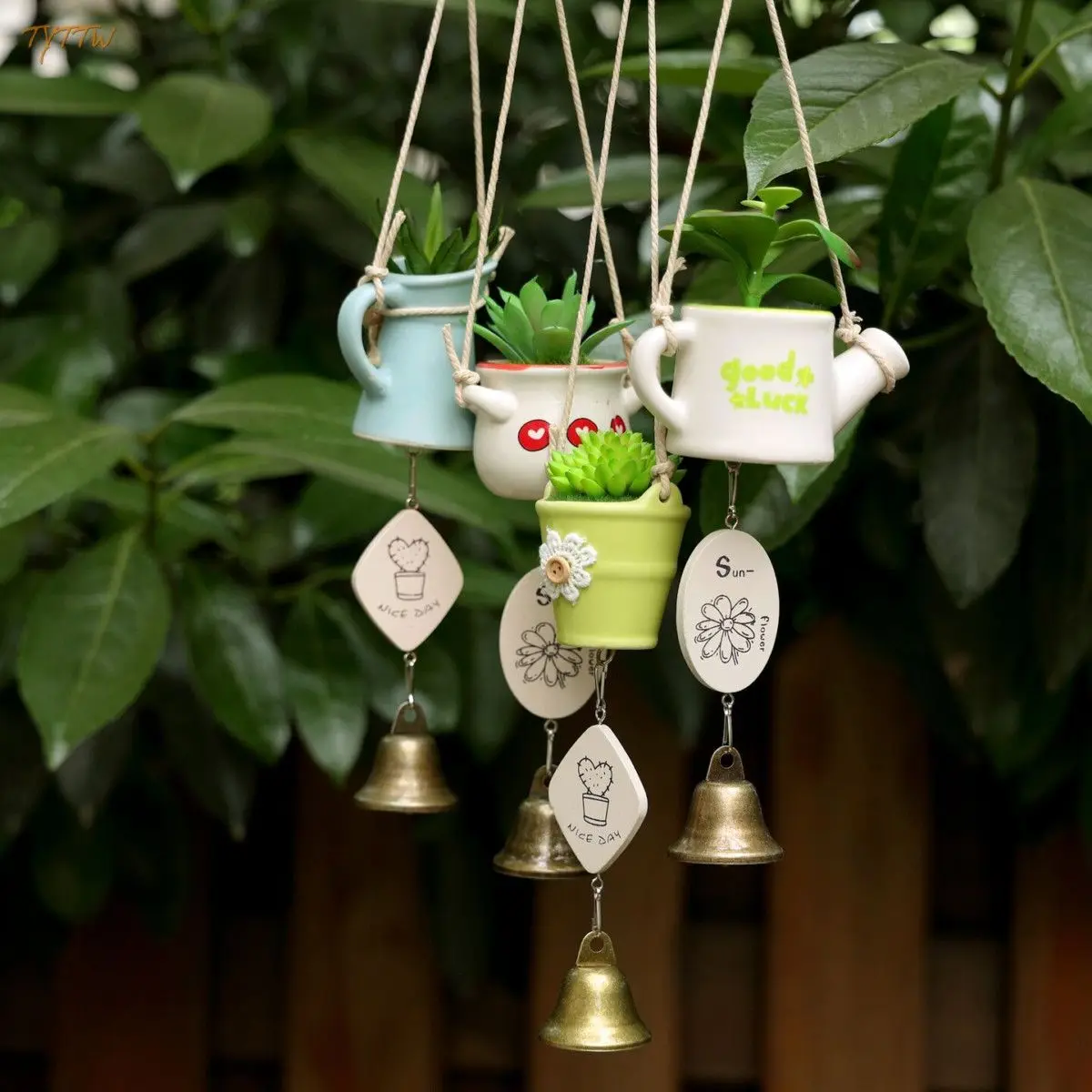 Japanese Creative Small Fresh Potted Plant Cartoon Wind Chimes Pendant Wooden Sign Bell Entrance Homestay Decoration