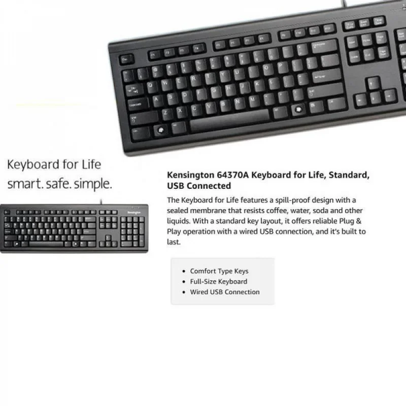 Se+ K64370 For Kensington Durable Water-resistant Wired USB Keyboard