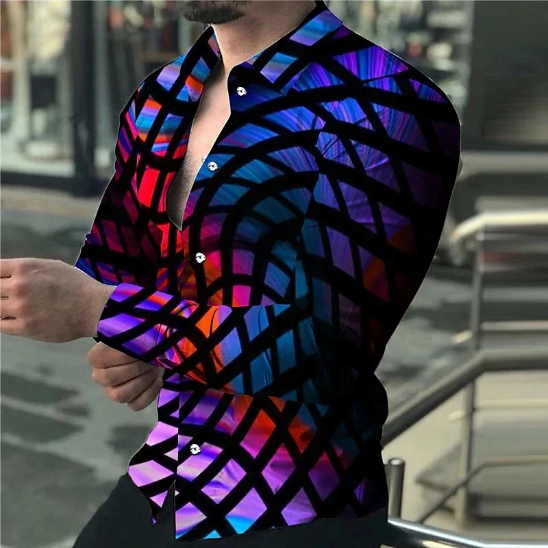 Stylish lapel shirt, men's 3D printed shirt, cross-colored stripes, purple-blue color, casual sports, party, comfortable