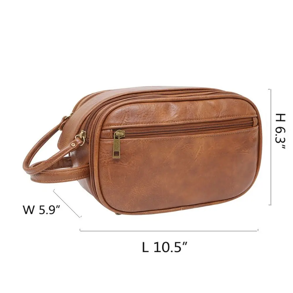 Durable Waterproof Toiletry Bag Portable PU Leather Shaving Pouch Handle Double Side Travel Wash Case Travel