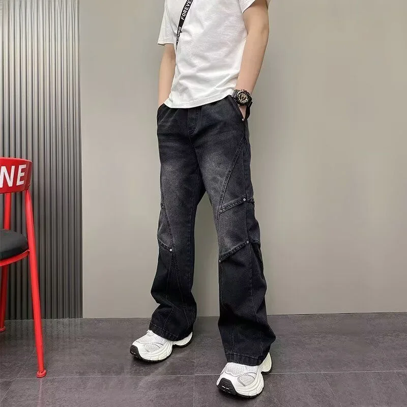 

Мужские джинсы Hong Kong Sle с буквенным принтом, модные, в стиле High Street, из смесового хлопка и полиэстера, свободные расклешенные брюки для повседневной носки