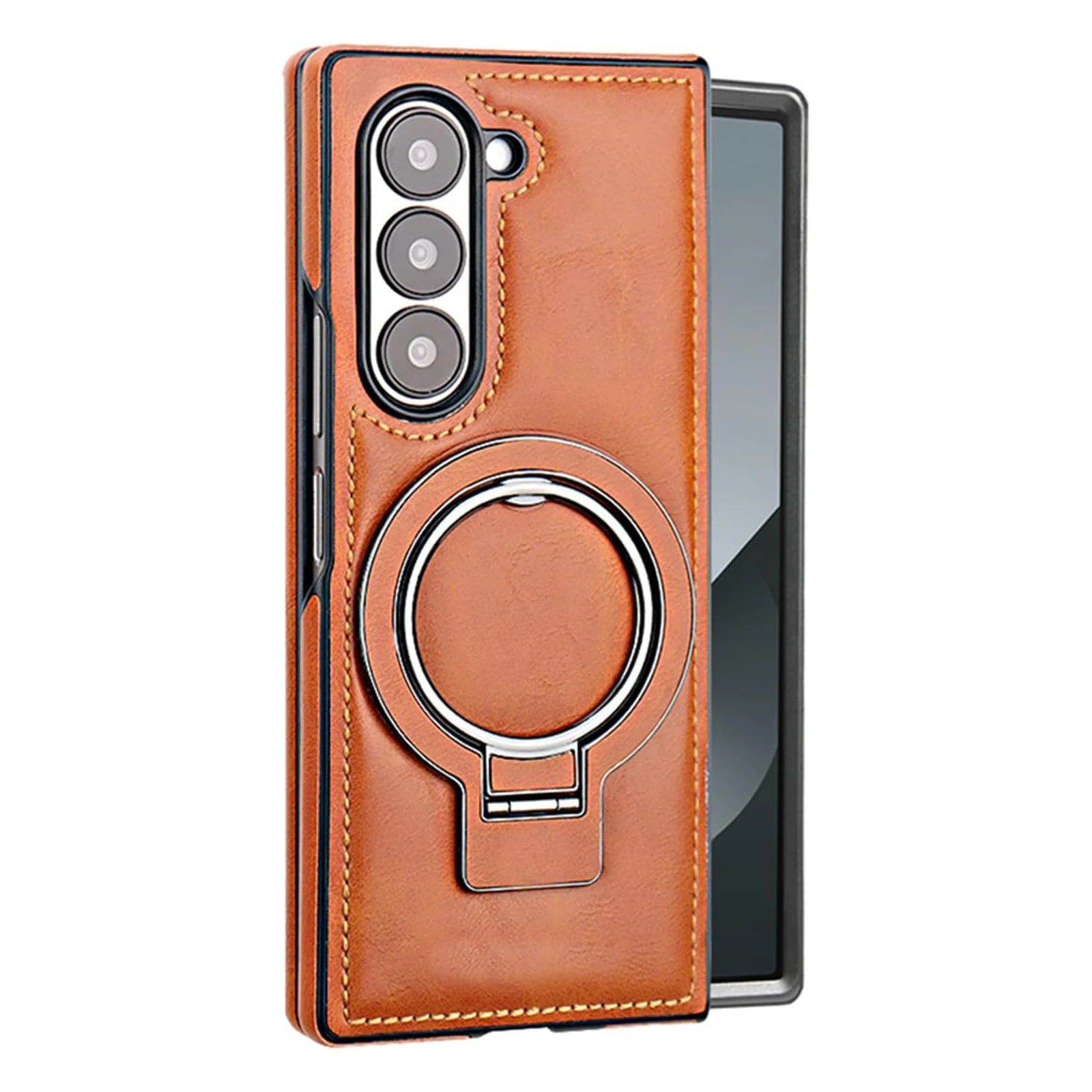 Leather Case for Samsung Galaxy Z Fold 6, Retro Business Phone Cover with Magnetic Ring Holder Stand Drop Protective Case