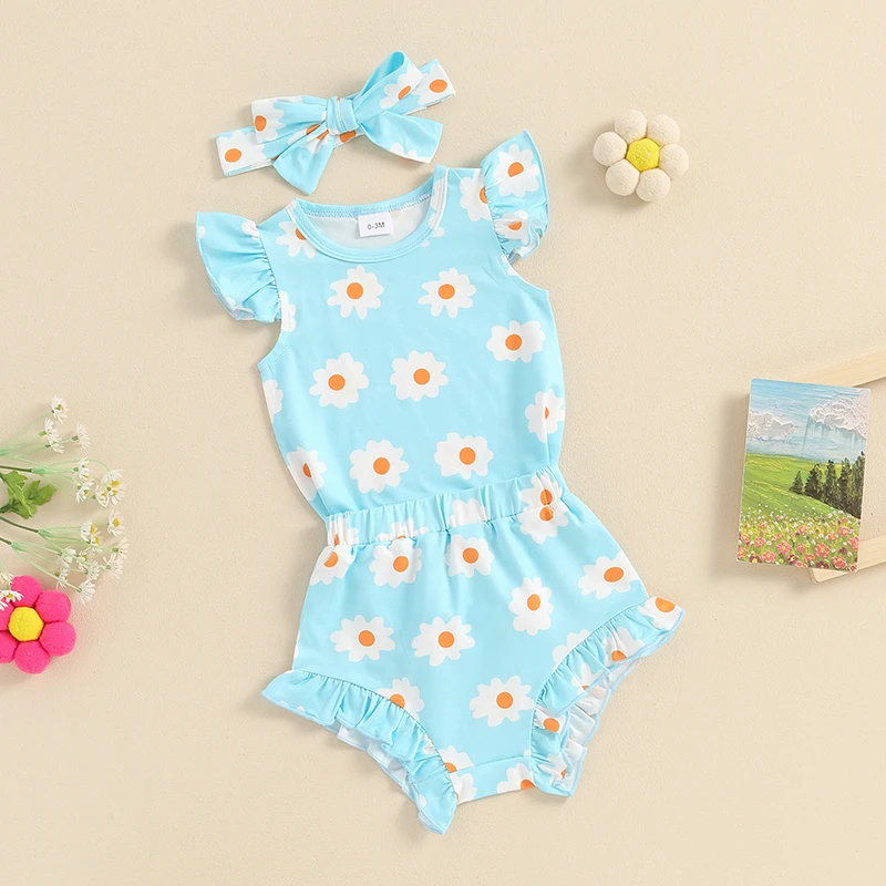 

Infant Baby Girl Summer Outfit Flower Print Fly Sleeve Romper Ruffle Bloomer Shorts Headband Newborn Clothes Set