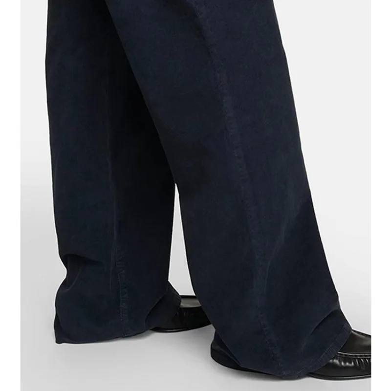 LUXURY-Corduroy Wide Leg Pants, Blue, High Waisted, Straight Leg, Loose, American Minimalist Style, Autumn, New, 2024