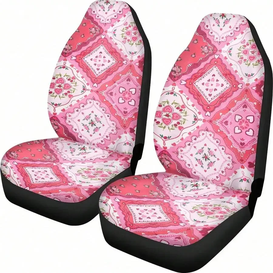 

Universal Pink Heart Floral Patchwork Car Seat Cover Set For Adults Breathable Comfortable Easy Install Clean