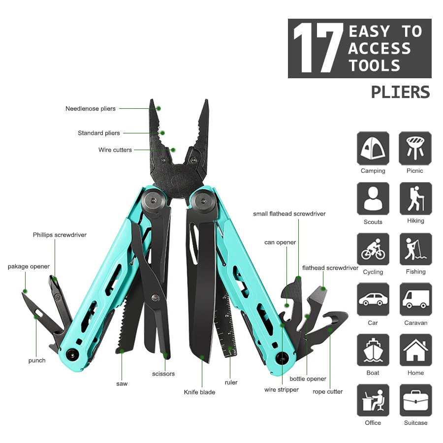 Multitool Needle Nose Pliers,21-in-1 Stainless Steel Multi Tool Pocket Knife with  Survival Knife  Simple Repair, Camping, Hikin