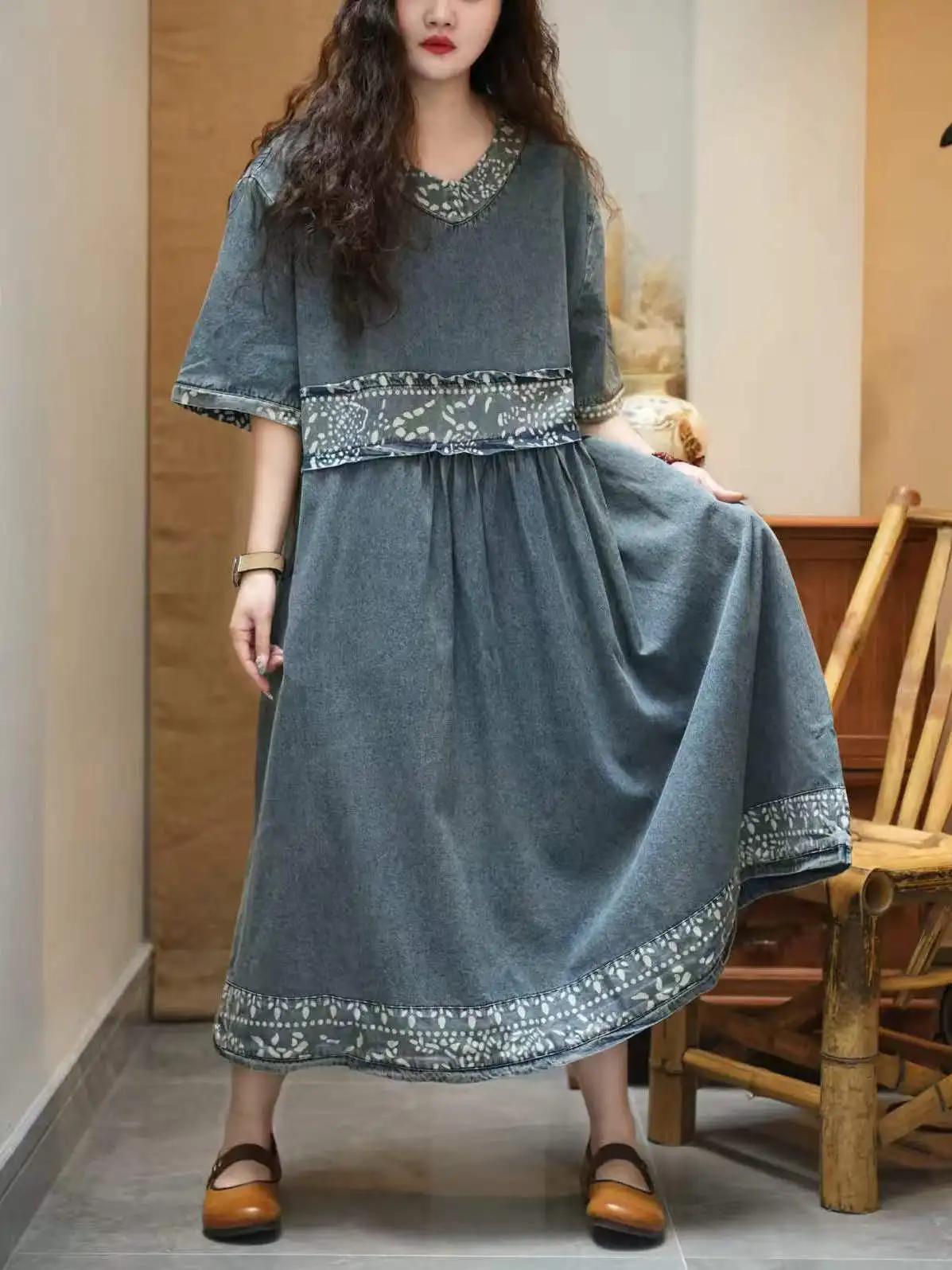 Slimming Effect Casual Loose plus Size Patchwork Print Denim Women's Dress H Version Short Sleeve round Neck Summer Fashion