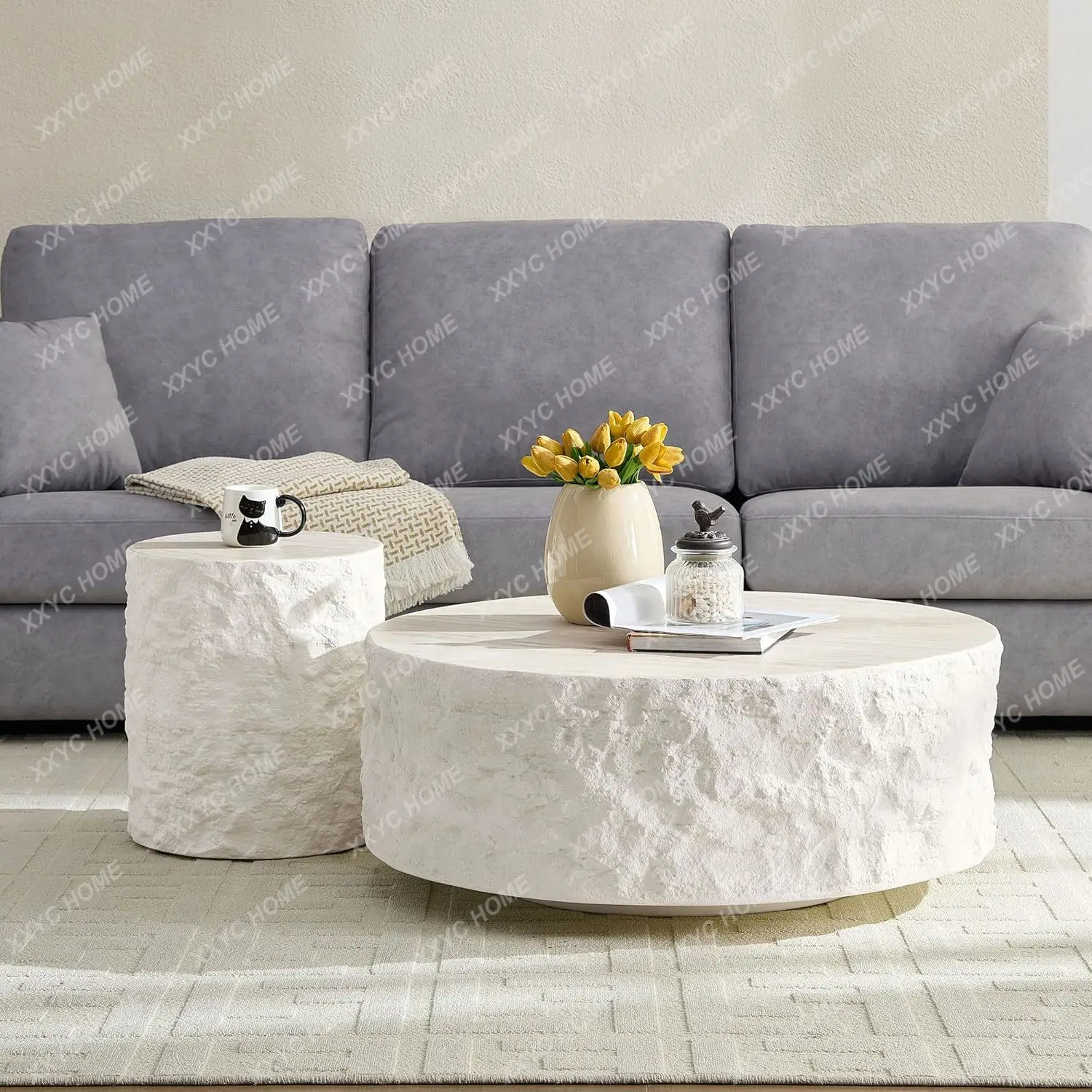 Round Coffee Table for Living Room Cream Cement Stone Pattern Circle Coffee Table Modern Drum Center Table for Apartment  FT