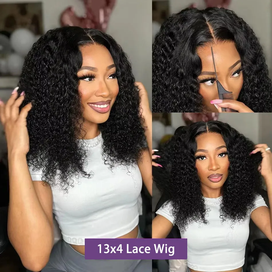 Perruque Bob Lace Wig 100% Naturelle Bouclée, Cheveux Courts, 13x4, 14 16 Pouces, Pre-Plucked, pour Femme