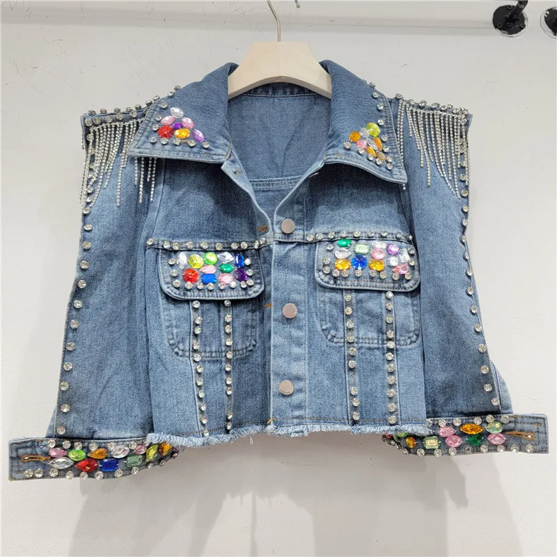 Heavy Work Diamonds Denim Jackets Women Korean Slim Short Cowboy Outerwear Big Pocket Three Quarter Sleeve Jeans Jacket Female