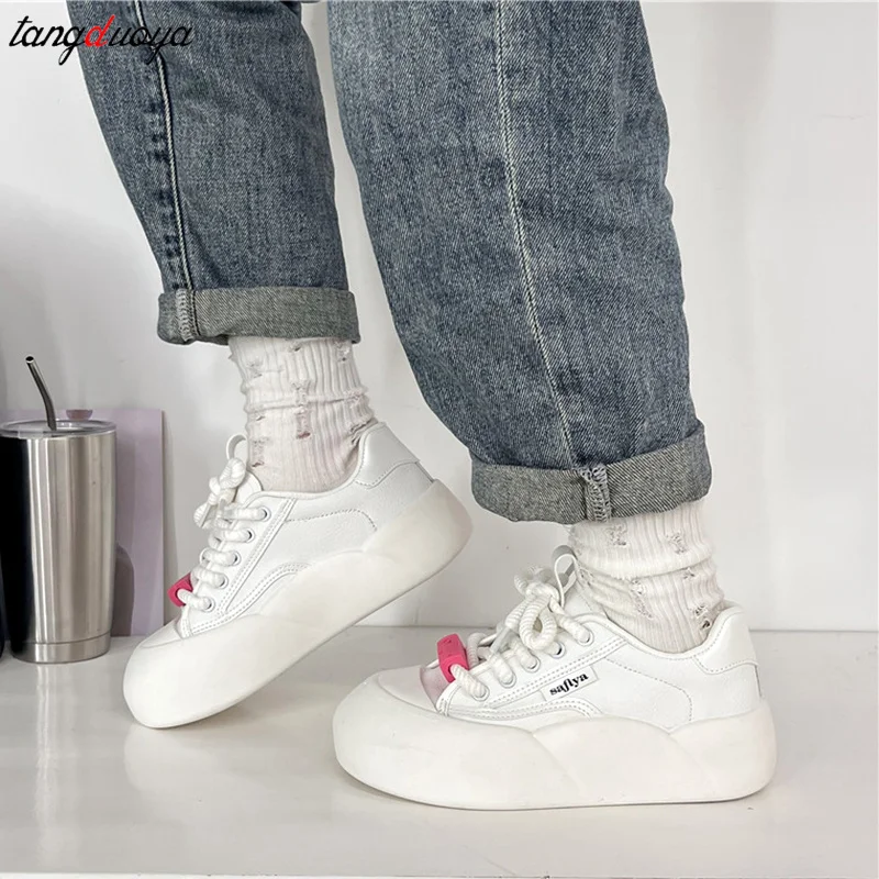 Pink Women Vulcanized Shoes Chunky Sneakers Women Flats New Design Sport Shoes Lace Up Women Shoes Fashion Walking Sneakers 2024