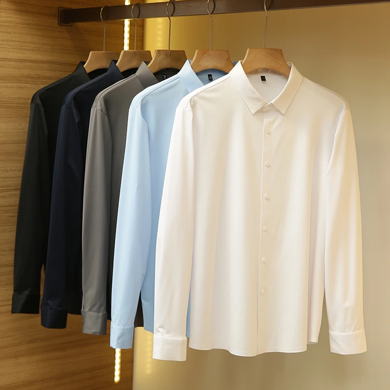 

Ultra Elastic Sl Pred Men's Long Sve irt for Busin Commuting Autumn Pure Color Stand Fit arp Collar