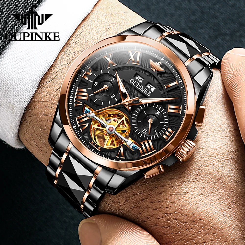 OUPINKE Tungsten Steel Man Watches Flywheel Chronograph Date Waterproof Luminous Automatic Mechanical Watch for Men Rose Black