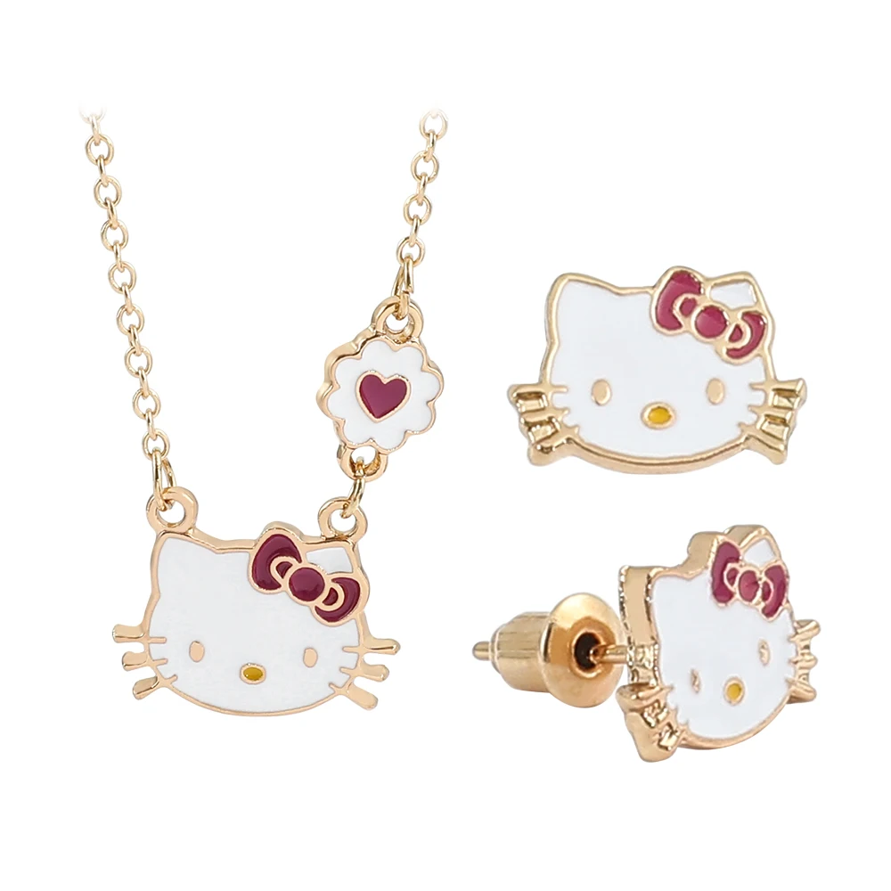 Sweet Sanrio Necklace Hello Kitty Kawaii Kitty Cat Small Earrings Studs for Kids Child Gifts Cartoon Holiday Jewelry Set