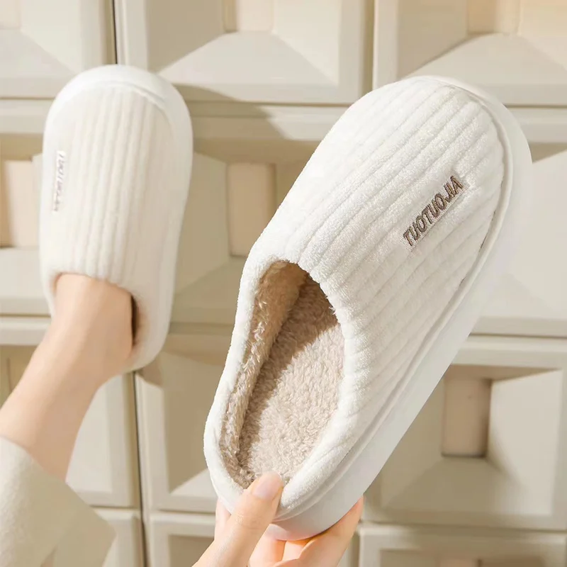 Couple Slippers Indoor Stripe Fluff Memory Foam Fluffy Eva Anti-skid Soft Heel Non Slip Plush Slippers Women\'s Winter Houseshoes