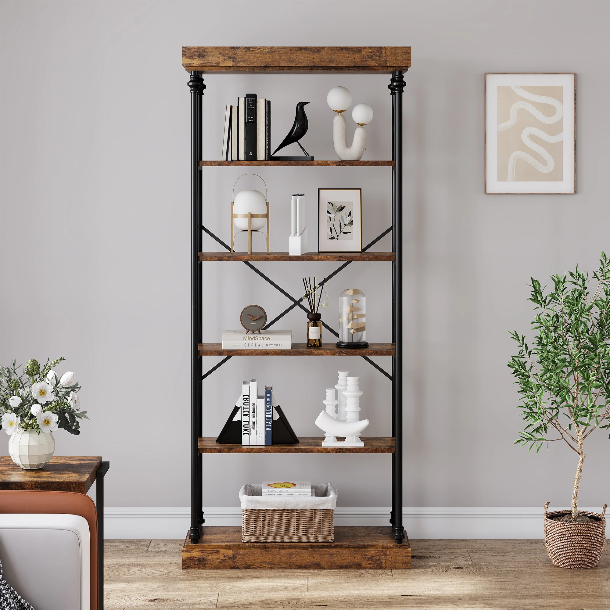 Vintage 6 Tier Industrial Bookshelf with Metal Frame and Wood Display Shelves, Open Shelving Bookcase for Living Room and Home O