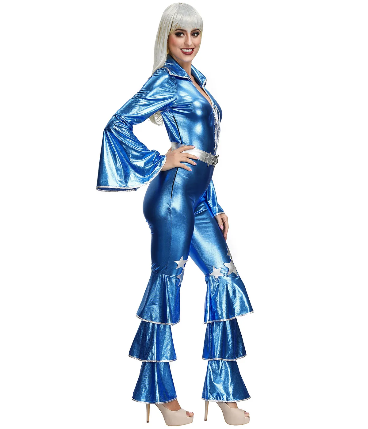 IOOTIANY Retro Hippie Disco Kostüm für Erwachsene 60er 70er Jahre Damen Karneval Nachtclub Party Bühnen-Tänzerin Sängerin Performance Jumpsuit – Detail 4
