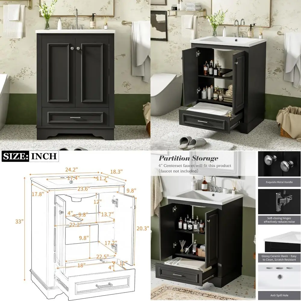 

Современный 24-дюймовый туалетный столик Merax для ванной комнаты с раковиной, регулируемой полкой и нижним ящиком из конструкции из массива дерева