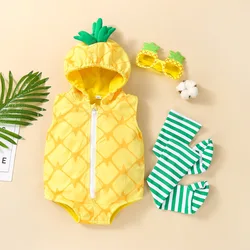 FEESHOW Baby Girls Boys Pineapple Costume Infant Bodysuit Short Romper Hoodie Purim Halloween Fancy Dress with Stockings 0-24M