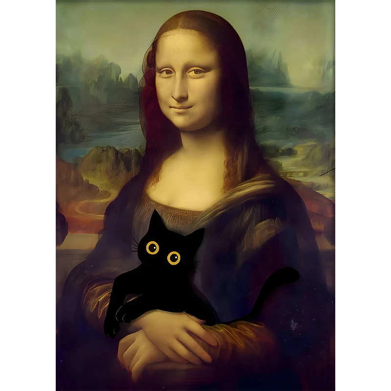 Famous Paintings Mona Lisa Starry Night With Funny Black Cat