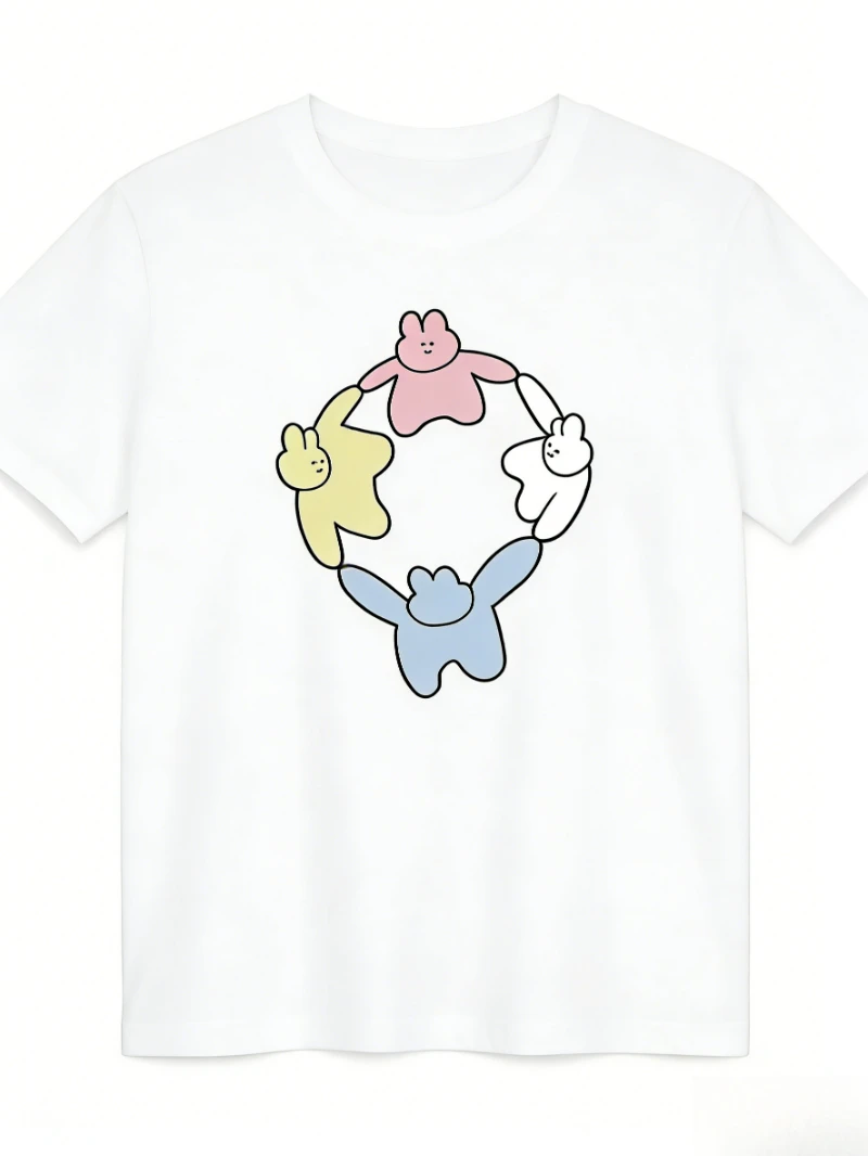 2026 Cute Cartoon Bunnies Circle Graphic T-Shirt,Sweet Colorful Rabbit Print  Casual Crew Neck Short Sleeve Top Lady's T-shirt