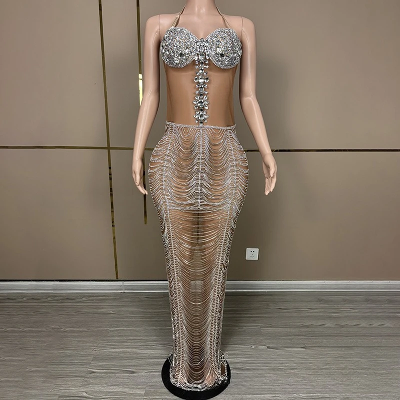 Sexy cou lumière luxe diamant brillant Festival de musique femme chanteuse Concert Performance vêtements montrer modèle Performance vêtements