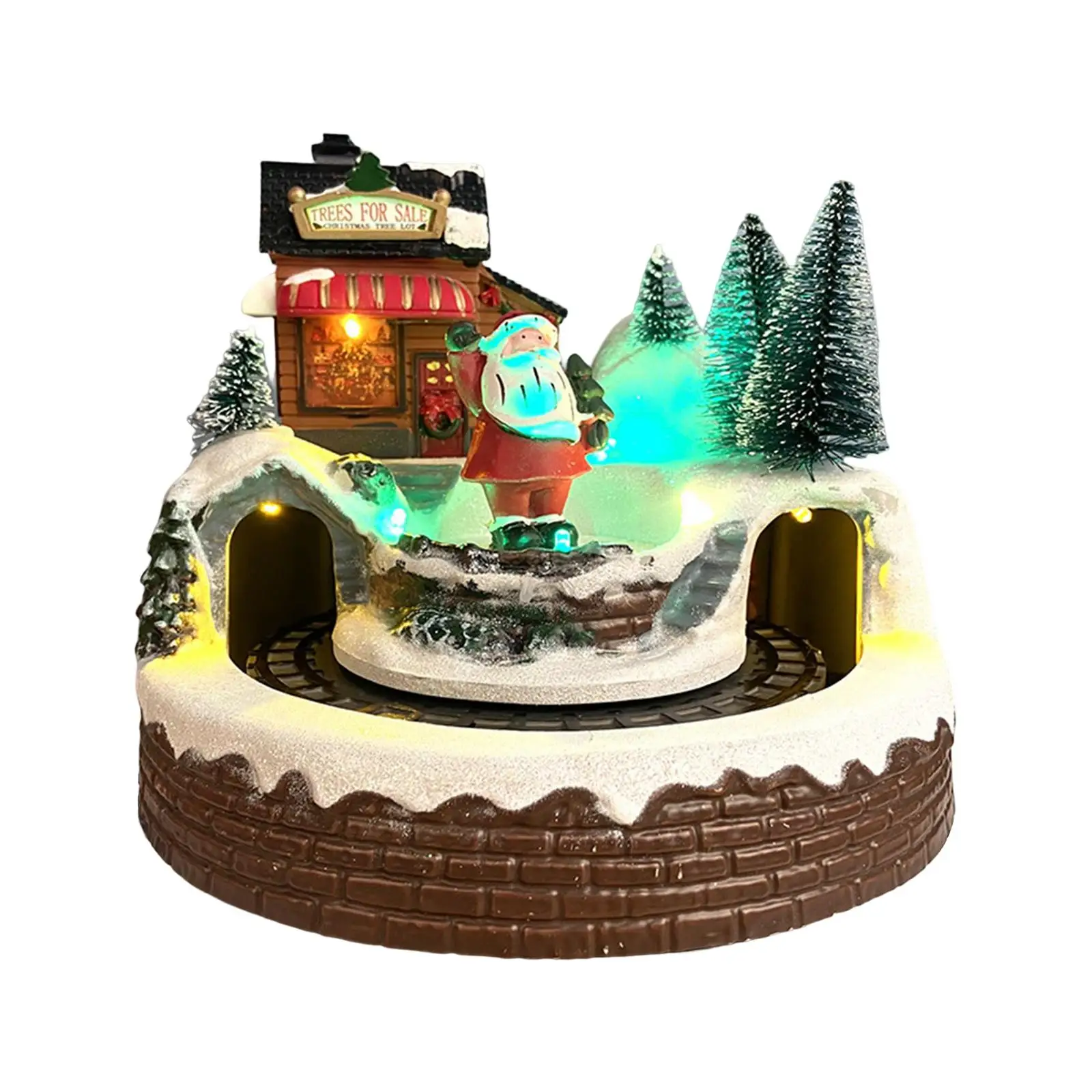 Rotating LED Christmas Village House Music Sculpture Resin Figurine Snow Town Ornament for Holiday Tabletop Display
