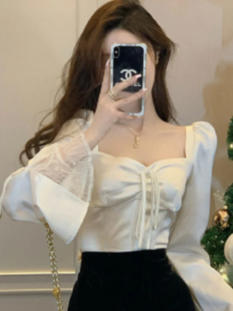 Slash Neck Blouses Women Lace Elegant Streetwear Flare Sleeve Spring Hotsweet Simple Office Ladies Casual Vintage Korean Style