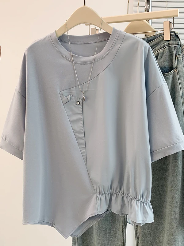 

Summer New Korean Design Slimming Short Sleeve T-Shirt Large Size Women's Fashionable Uneven Top Age-Defying Versatile Clothing