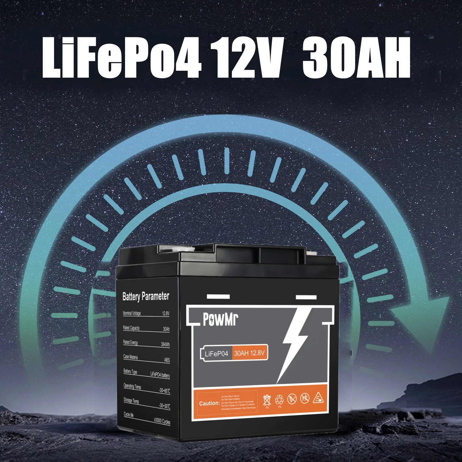 PowMr 30Ah 12.8V LiFePO4 Battery Stroage 384Wh Lithium Battery 12V Built-in BMS 6000+ Cycle For Solar System Boat Solar Off-Grid