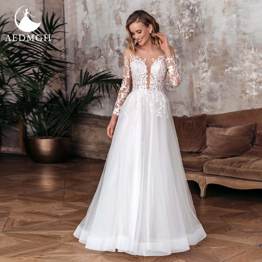 Aedmgh A-Line Elegant Wedding Dresses 2024 O-Neck Long Sleeve Vestido De Novia Lace Beaded Appliques Sweep Train Robe De Mariee