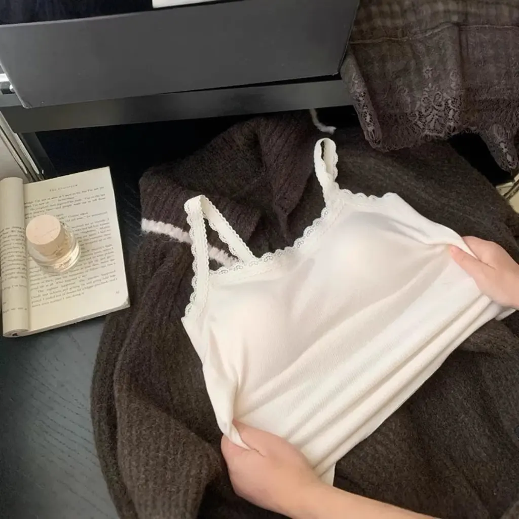 

Spring Summer Korean Style Women's Thread Vest Integrated Bracket Pad Fixed Cup Binoculars Beautiful Back Sling Upperwear