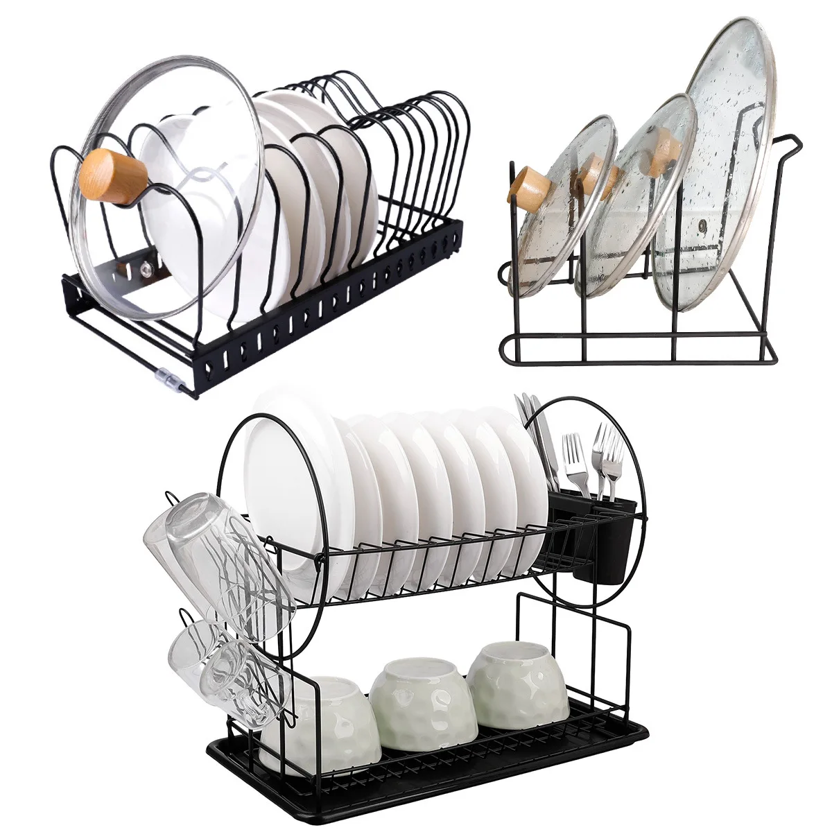 2 Tier Metal Dish Drying Rack Kitchen Rack Cutlery Storage Rack With Drained Board Cutting Board Holder Knive Fork Holder