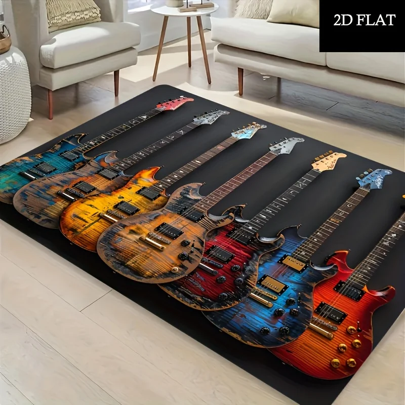 2D Flat Electric Guitar Collection Flannel Area Rug Non Slip Music Themed Carpet for Living Room Game Room Studio Decor