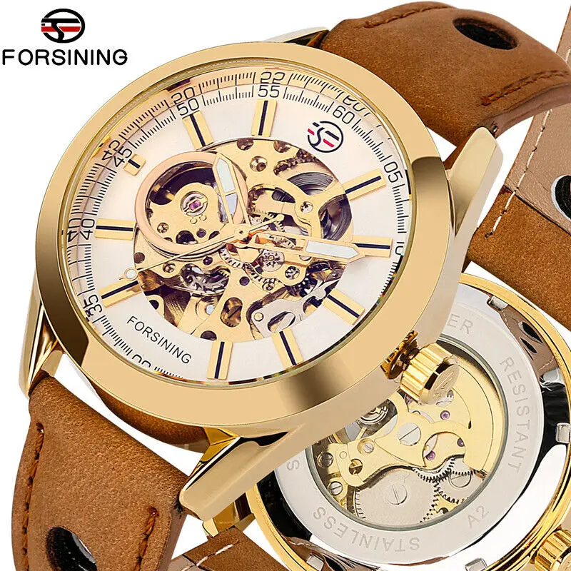

FORSINING брендовые мужские деловые автоматические механические наручные часы с автоподзаводом коричневый кожаный ремешок из сплава