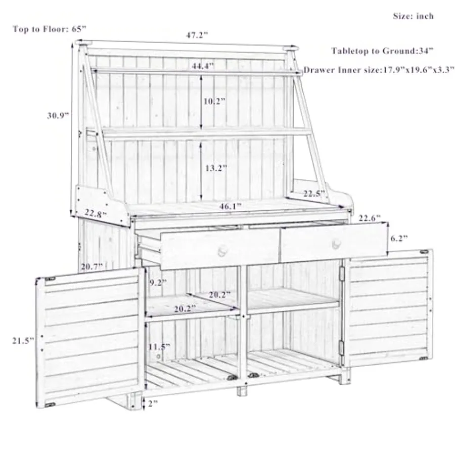 Solid Fir Wood Potting Bench with Hutch, Outdoor Garden Workstation Table with Storage Shelves, Drawers and Cabinets, Large Out