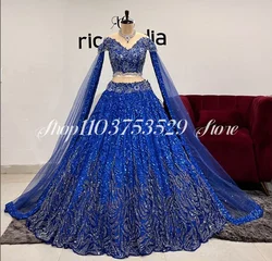 Jewel Blue Indian Saree Evening Gown Luxury v-neck Beaded Inlay Lace Pleated Women's Two Piece Ethnic Custom vestidos de gala