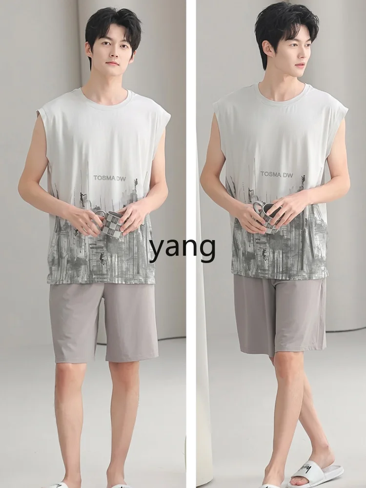Yjq men's vest pajamas summer sleeveless shorts casual suit large size can be worn outside loungewear
