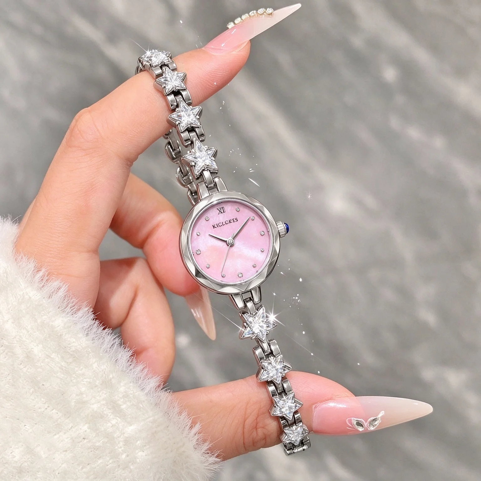CILOA-Elegant Women Quartz Watch Pink MOP Dial Star Zircon Bracelet Wristwatch Fashion Jewelry Gift for Girls-26091701