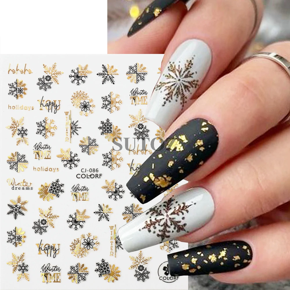 Holographic New Year Nail Art Stickers Gold Bronzing Countdown Clock Snowflake Elk Nail Decals Christmas Manicure Decor GLCJ-088