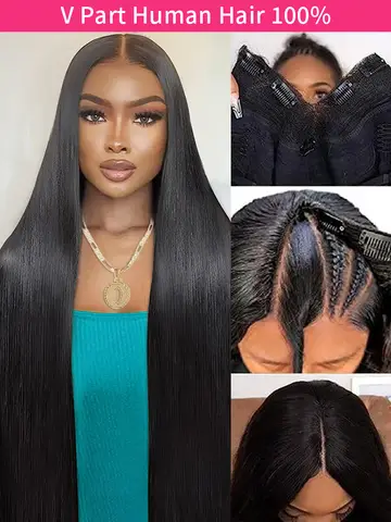 V Part Wigs Human Hair 100% Straight Human Hair Wigs No Leave Out No Sew-In Glueless 220 Density Natural Black Beginner Friendly