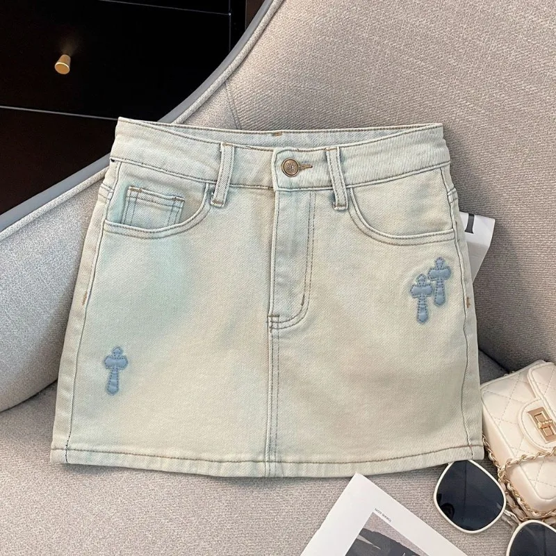 Light Blue Retro Cross Decal Denim Short Skirt for Woman 2024 Summer Fashion Trend Comfy Sweet and Cool Slimming A-line Skirt