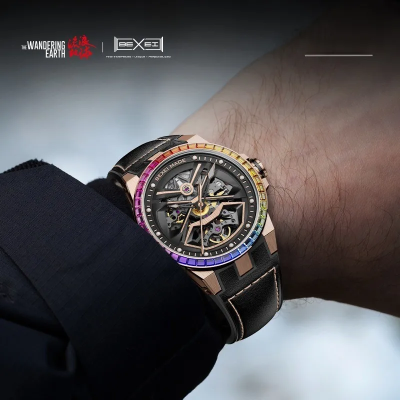 BEXEI 9115 watch for man  mechanical  waterproof  5ATM  Automatic movement Reserve 80H Rainbow Crystal Bezel  Rose Gold  case