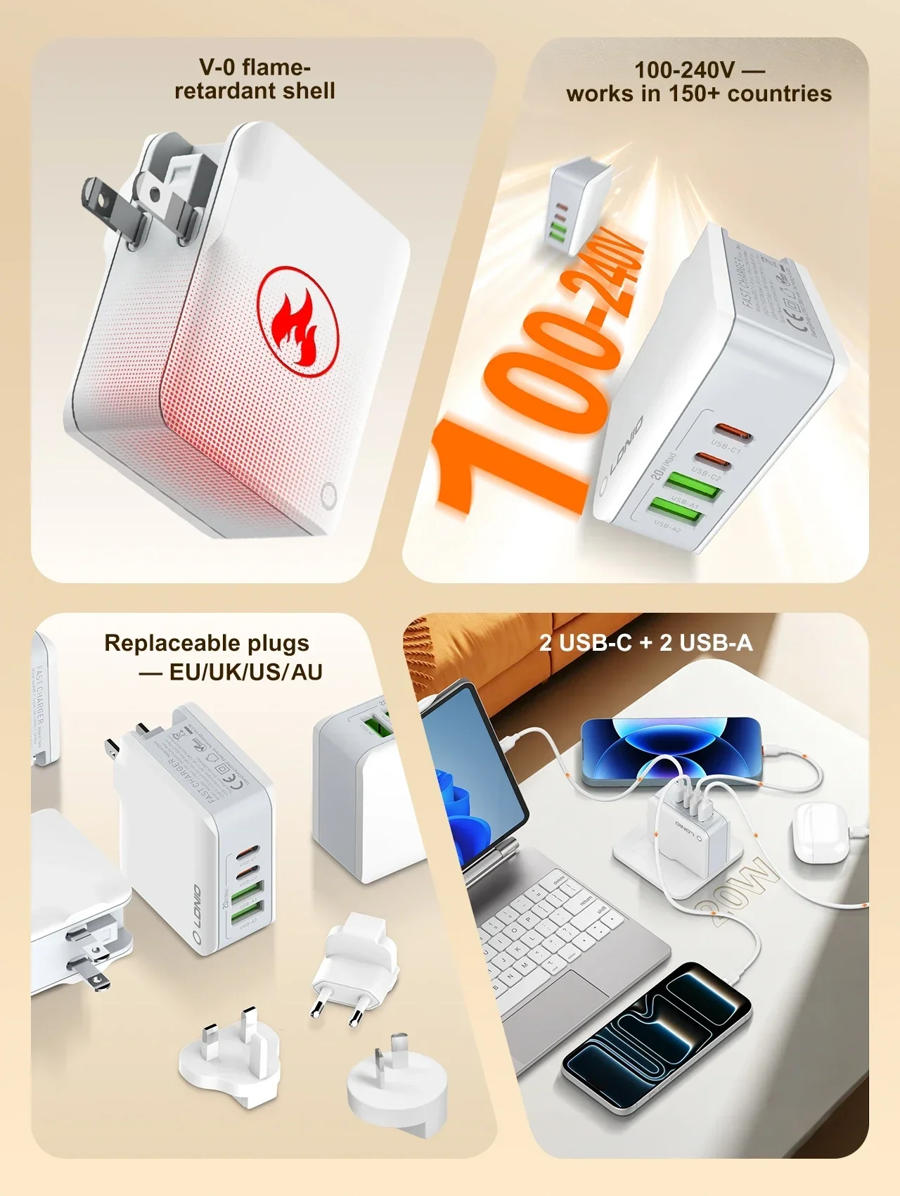 LDNIO Fast Charger Type C USB 4-Port Wall Charger EU UK AU US Conversion Plug Travel Adapter for iPhone Samsung Global Voltage