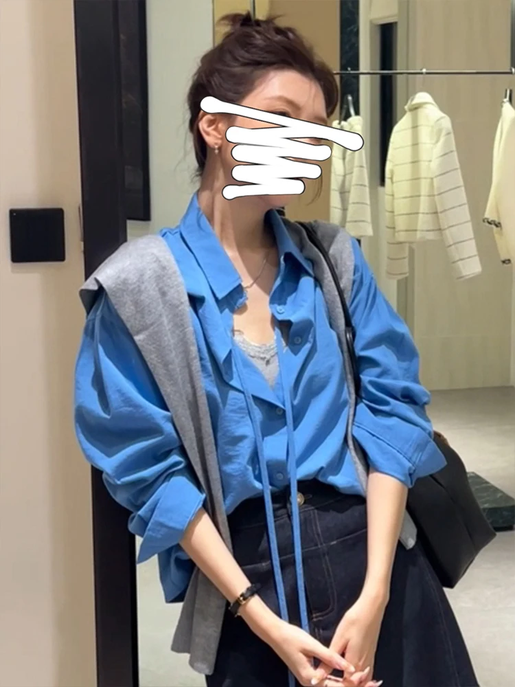 

Свободный корейский топ Blue Long Sve Ne irt, женская верхняя одежда Faion Sa, осеннее новое поступление, ленивый Sle