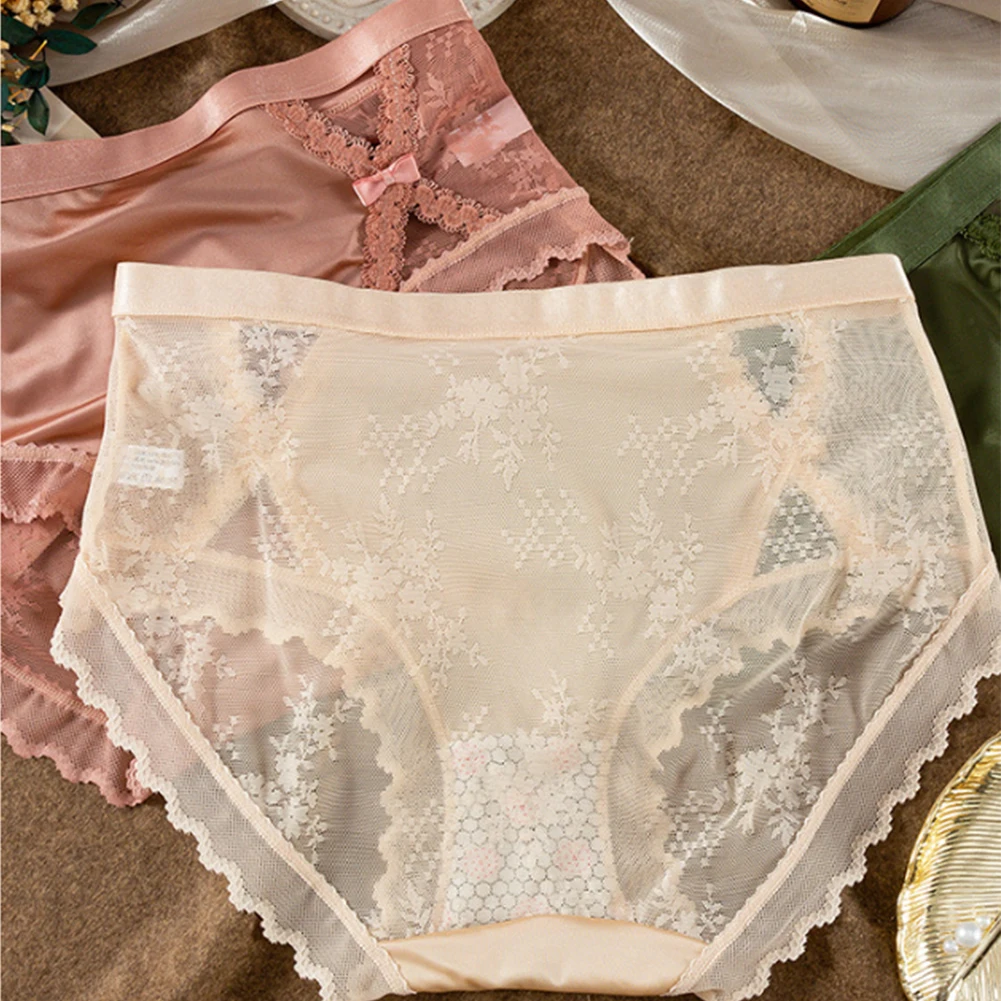 Silky Knickers Women Underwear Briefs Lace See Though Panties Regular Seamless Shiny Satin Slight Strech Solid Color