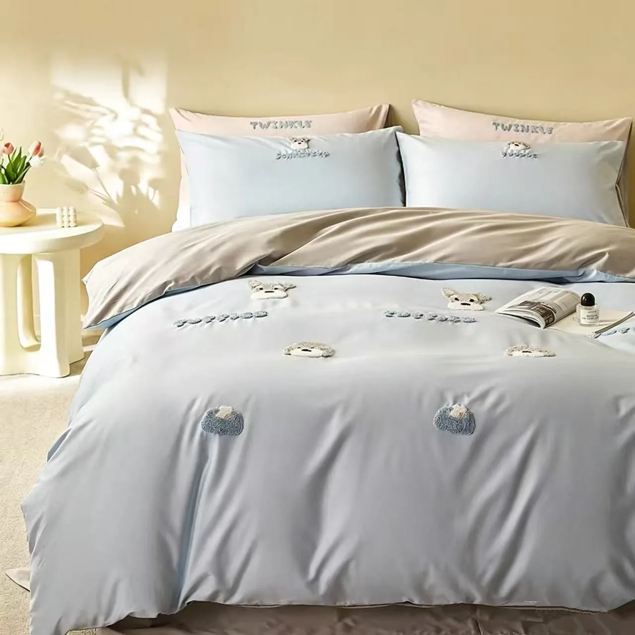Egyptian Cotton Cute 3D Animal Embroidery Bedding Set Ultra Soft Comfortable Duvet Cover Elastic Fitted Sheet Pillowcases