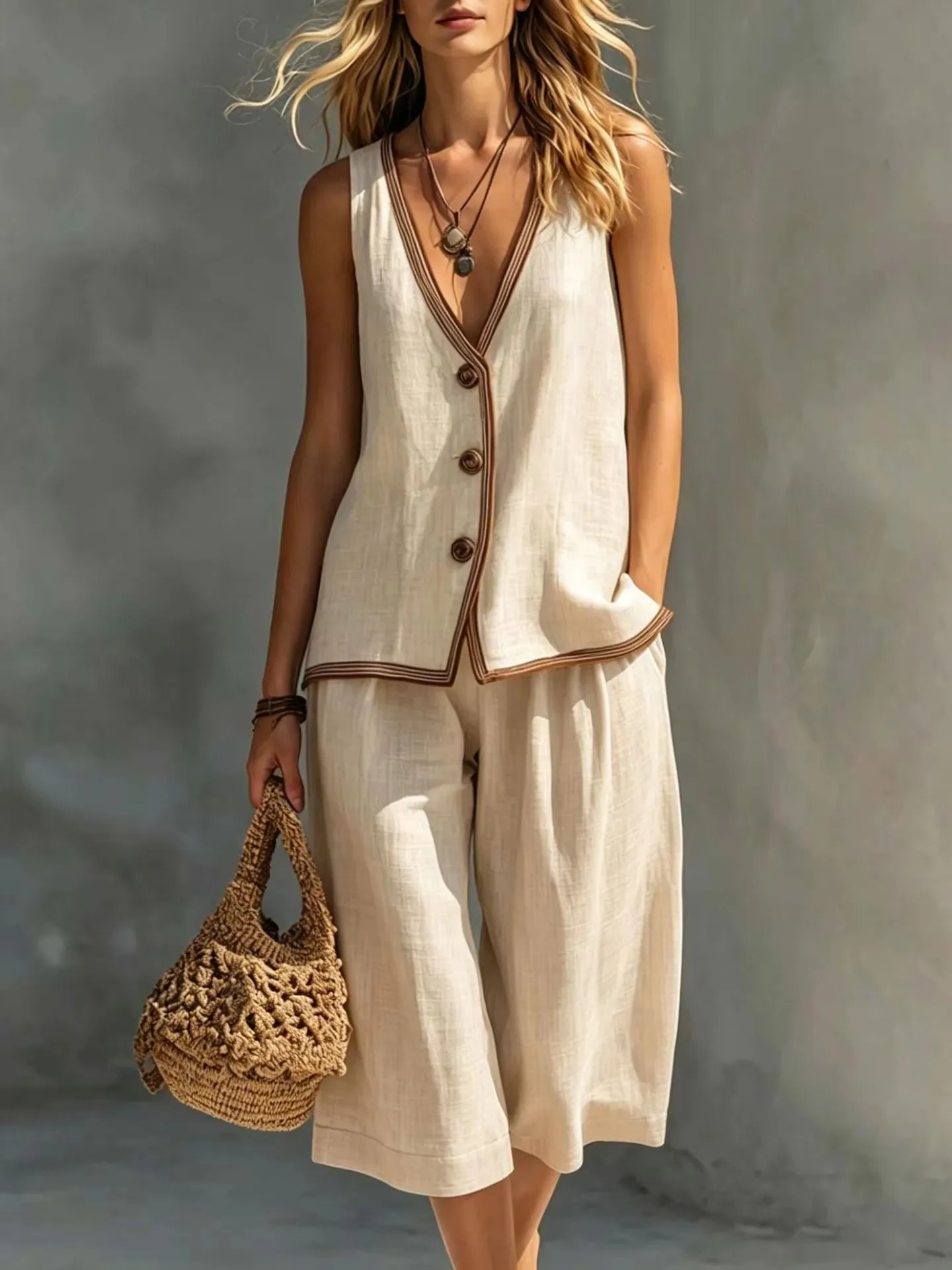 Fashion Block-colour Deep V-neck Vest Shorts 2-piece Set Women's Summer Casual Loose Seaside Vacation Cardigan Vest Shorts Suit